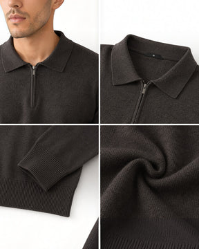 Suéter Habitat Masculino Valdieri marrom em lã com gola polo e zíper frontal, exibindo detalhes de textura e punhos.